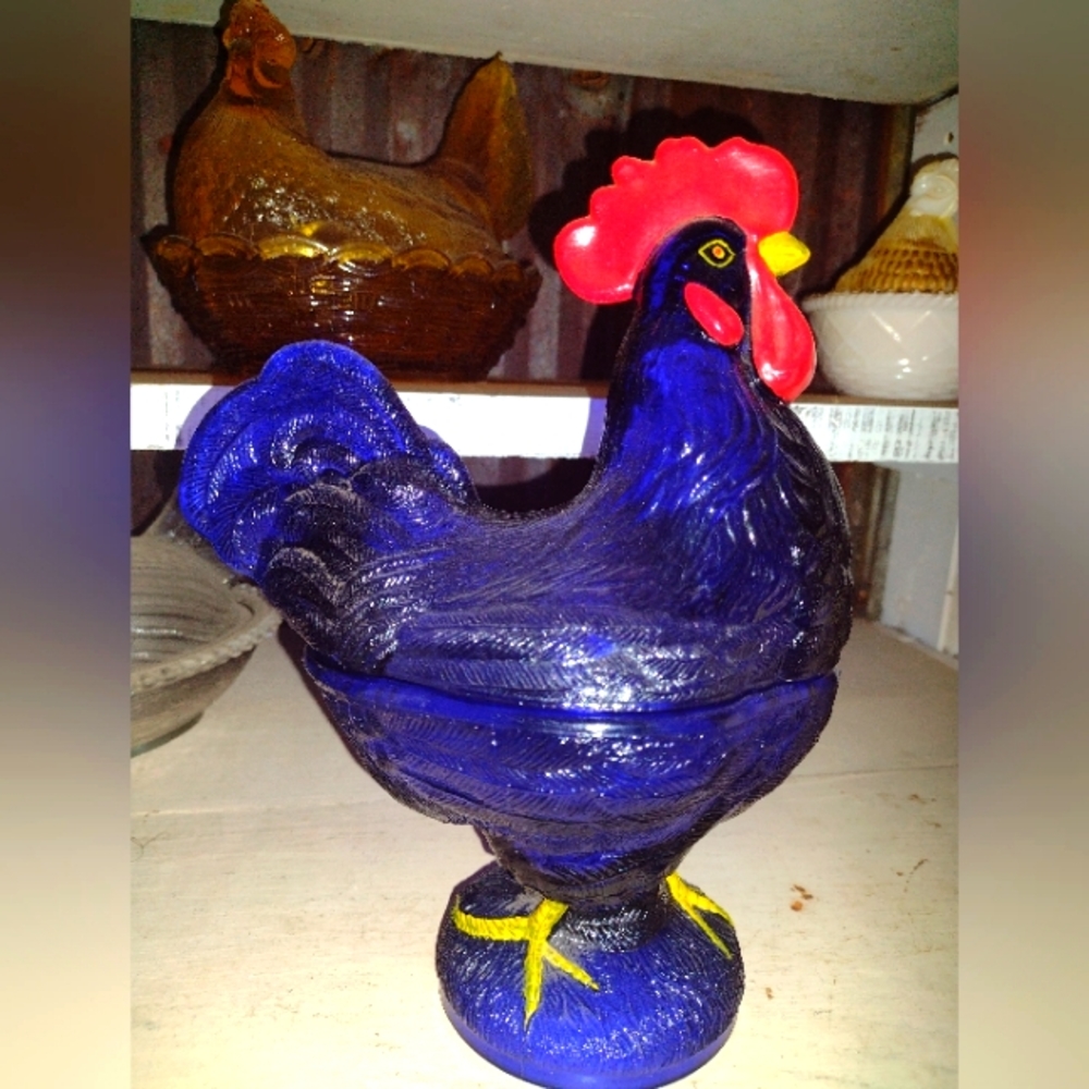 Vintage cobalt rooster glass candy dish